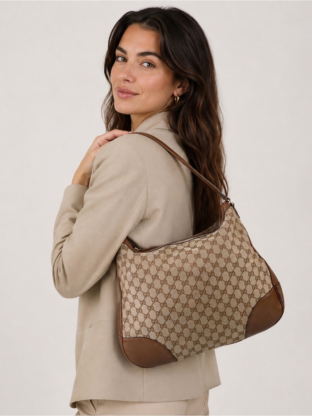 Gucci Beige Monogram Hobo with Brown Leather Trim